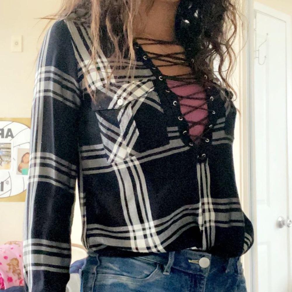 Black & White Plaid Lace-Up Top | Express
